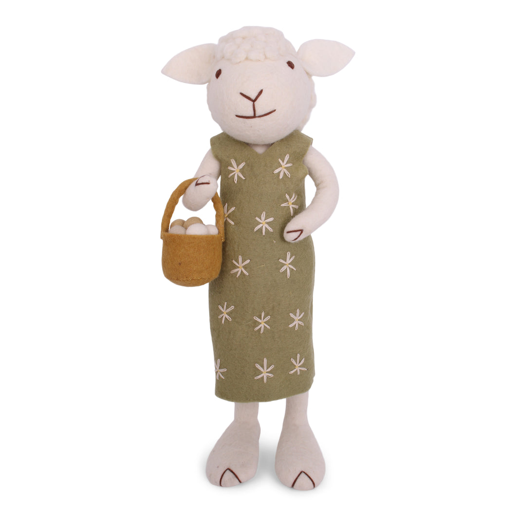 Großes weißes Schaf mit grünem Kleid und Eierkorb, 60cm