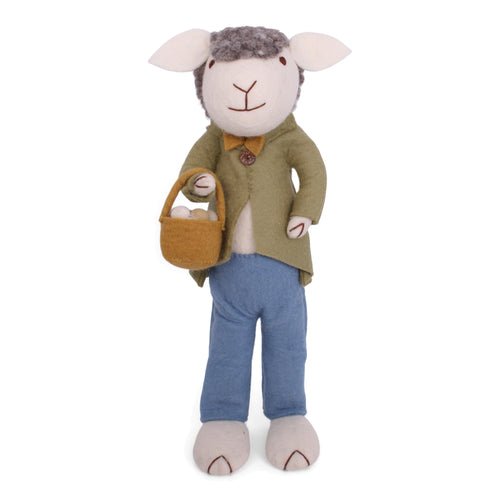 Großes graues Schaf mit grüner Jacke und Eierkorb, 60cm
